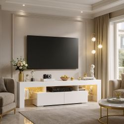 New Modern LED TV Stand for 70/65/55 Inch TV, Modern Entertainment Center with 1-2 Storage Drawers, High Gloss TV Cabinet, Television Stand for Living