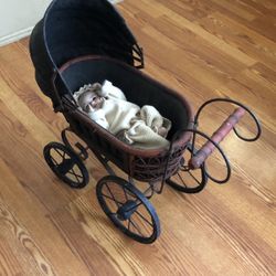 Vintage Black Wicker Stroller With Vintage Baby Doll