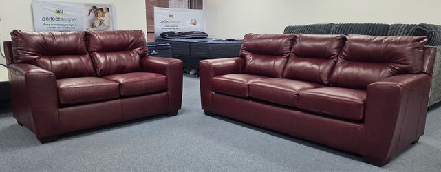 Soft Touch Crimson leather Sofa and loveseat!