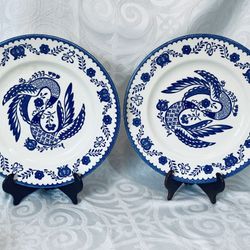 (2) VNTG Mount Clemens China Ironstone Lovebirds & Tulips Blue 10.25" Plates (b)