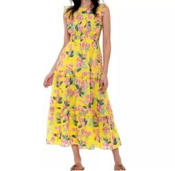 Banjanan Iris Floral Ruffle Maxi Dress AURORA YELLOW Large NWT Ascot Gavotte