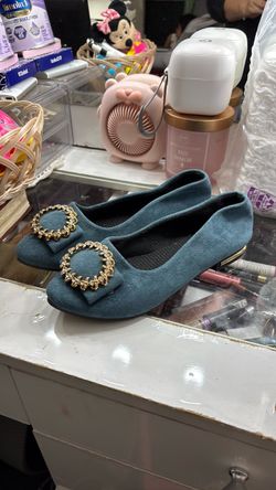 Teal Suede Ballet Flats with Gold Buckle