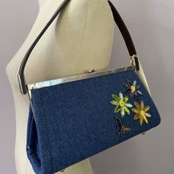 Vintage MENA denim handbag NWT. Hand embroidered flowers with beads and sequins. 