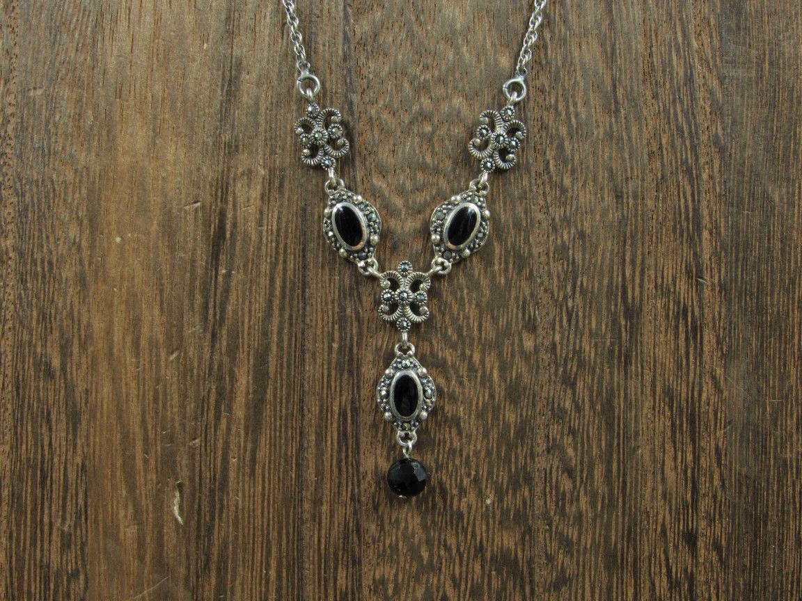 18" Sterling Silver Black Inlay And Marcasite Rustic Necklace Vintage