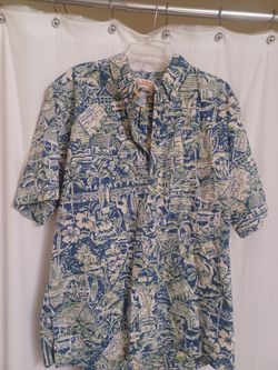 REYN SPOONER - Pullover-Alfred Shaheen Blue, Green, Cream Hawaiian-XL-EUC