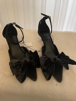 Black Satin Heels with bow & Ankle Straps size 8