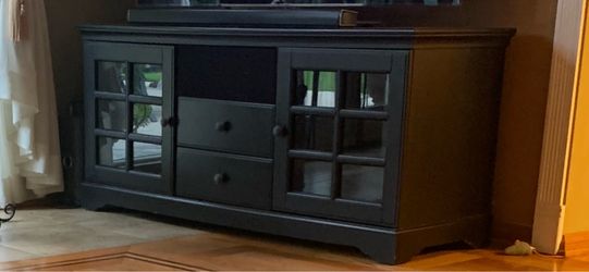 Black Wood TV Stand with Glass Doors