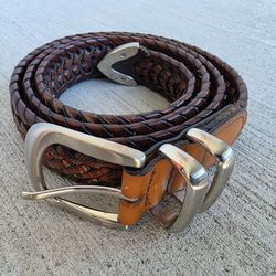Men’s Braided Brown Belt Leather Trim Double Buckle 38/95 – Genuine Leather Accent, Classic Woven Design