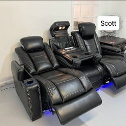 Black Leather Sofa Loveseat Recliner Power Controlled Led Lighted Movie Couch 