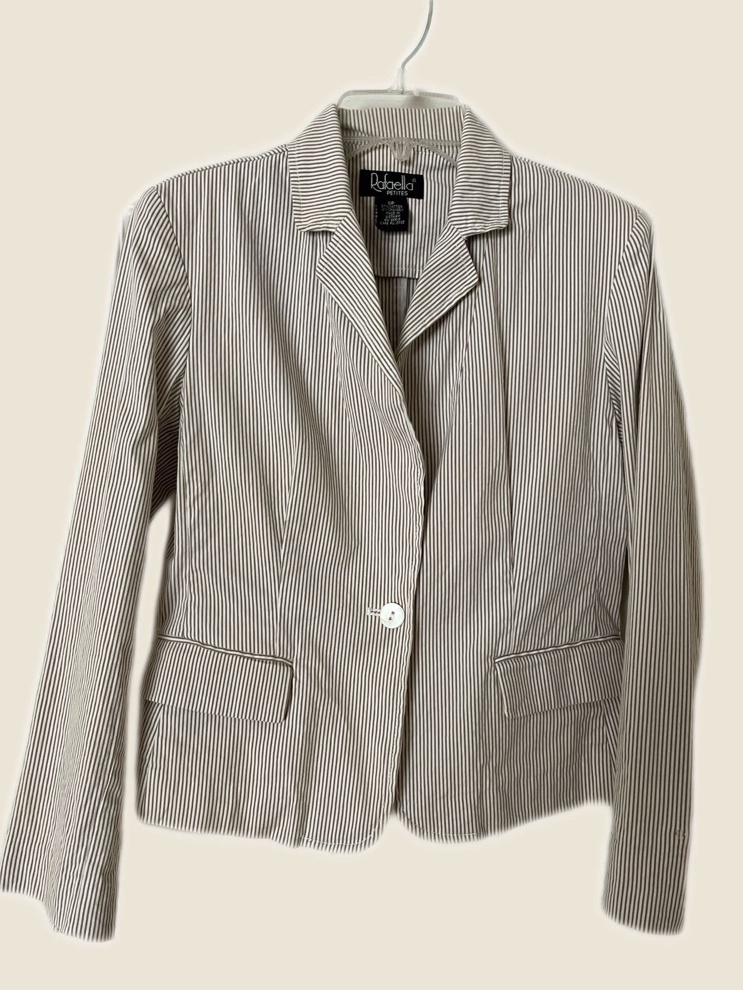 Rafaella Cream & Brown Cotton Pinstripe Blazer Size 6 Petite Jacket