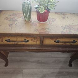 “Vintage World Map Trunk Console Table with Storage Drawers