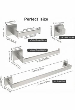 6-Piece Bathroom Hardware Set, 23.6 in Towel Bar, Brushed Nickel 304 stainless steel, towel ring, toilet paper holder, 2 robe hooks, wall-mounted, ins