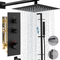 Brand New In The Box- QISHENG Black Thermostatic Shower System Slide Bar Thermostatic Shower Faucet Set Square Rain Shower Head With Adjustable Slide 