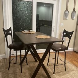 Bar Height - Solid Wood Table with 2 Leather/Metal Barstools   Like new 