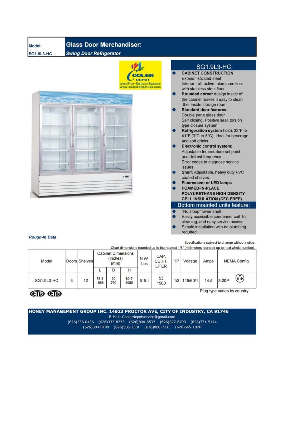 3 glass door Merchandiser Cooler Refrigerator NSF SG1.9L3