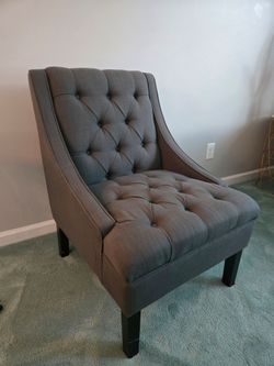 Pair of Like-New American Signature Gray Tufted Accent Chairs – $400