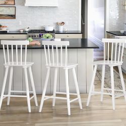 Assembled Wooden Barstools Set of 3 for Kitchen Island, Farmhouse 30 Inch Bar Height Stools Chairs with Spindle Back for Bar Bistro, white