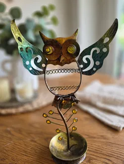 Metal Owl Jewelry Holder - Gold and Teal with Amber Stones