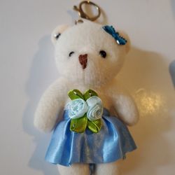 4" Little Cute Girl Teddy Bear In Blue Dress Clip, Keychain