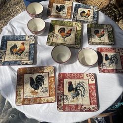 Certified International Rooster Multicolor Ceramic Square Dinner Set Plates & B…