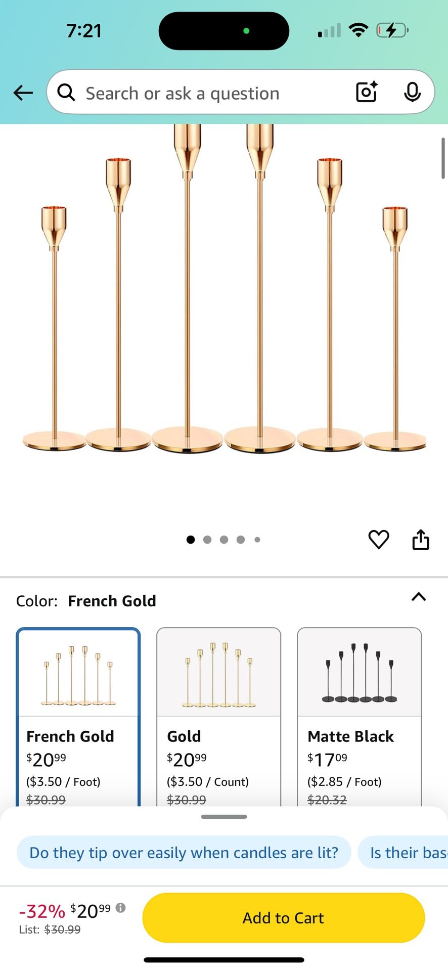French Honey Gold Candle Holders,Set of 6 Tall Taper Candlestick fit for 3/4" Thick Pillar Candle&Led Modern Metal Candle Stands Decorative Table Cent