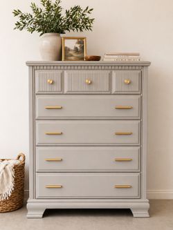 Modern Traditional Tallboy Dresser - Mushroom & Gold