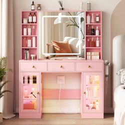 New 43in Pink Makeup Vanity Desk w/ Mirror, LED Lights, Glass Top, Jewelry Storage