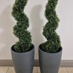 *** REDUCED *** PAIR of 3ft Faux Boxwood Spirals in 21in Gray Resin Planters @ Lasting Creations