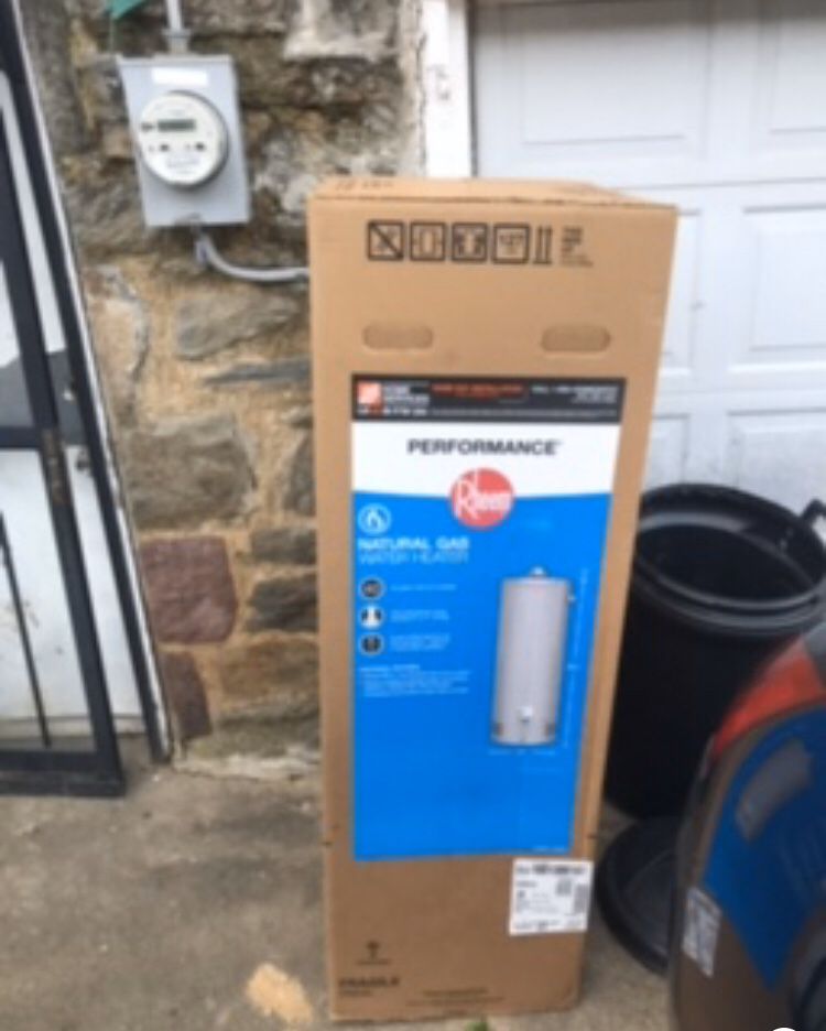 Brand new Rheem tall 40 gallon gas water heater tank boiler Brand new in box never opened. Factory 6 year warranty. Can be delivered or installed for