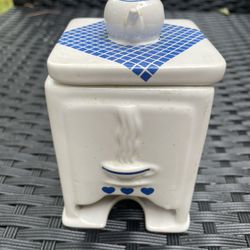 Vintage Tea Bag Dispenser Blue & White Ceramic Canister Figural 3D Teapot 5"X3"