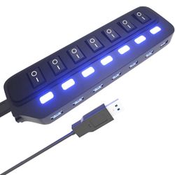 USB Hub 3.0, 7 Port USB Hub Splitter with Individual On/Off LED Switches, 5Gbps HighSpeed Data USB Extension for Laptop, iMac, USB Flash Drives, Mobil