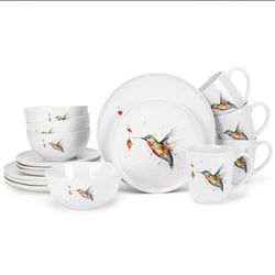 Nat & Jules Dean Crouser Watercolor Ceramic Dinnerware 16 Piece Set - Service for 4, Hummingbird