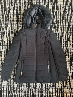 Michael Michael Kors Women's Black Chevron Faux Fur Hooded Coat featuring gold-tone hardware and thumbhole cuffs.