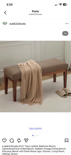 43.5’’ Faux Leather Bedroom Bench, Upholstered End of Bed Bench, Padded Vintage Dining Bench, Entryway Bench with Solid Wood Legs, Kitchen, Living Roo