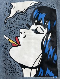 SMOKING KILLS OVERSIZED CARTOON GRAPHIC DENIM JACKET SIZE:  LARGE 