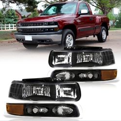 Chevrolet Silverado 1999 Suburban Tahoe 2000 Factory Style Headlights + Bumpers Black Housing 2001 Clear Len Clear Reflector 2002