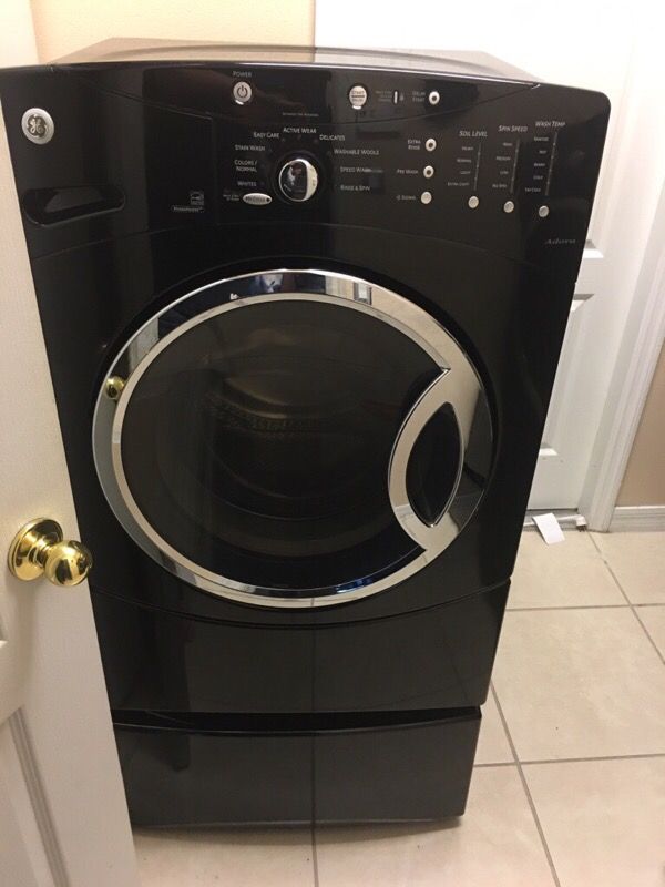 Black GE Adora Front Load Washer and Dryer with Pedestals