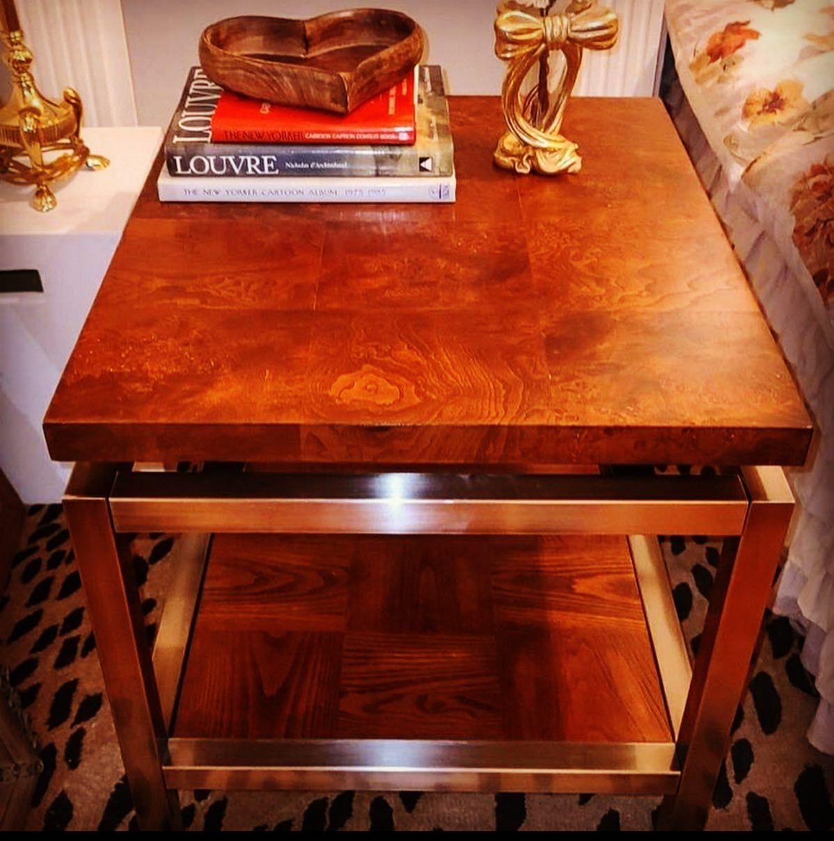 VINTAGE 90s BURLWOOD AND CHROME SIDE TABLE