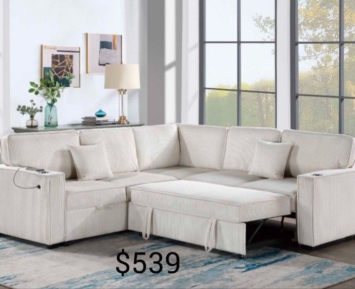 Convertible Sectional With Pull- Out Bed & Storage Ivory OR Dark Grey Corduroy