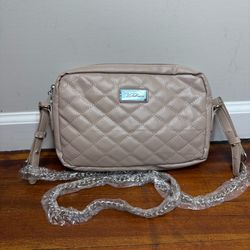 Quilted Crossbody Bag in Taupe with Silver Plaque