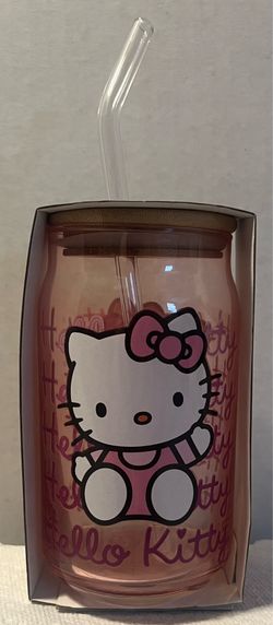 ⁠New Hello Kitty 16oz Glass Tumbler with Bamboo Lid & Straw !!!