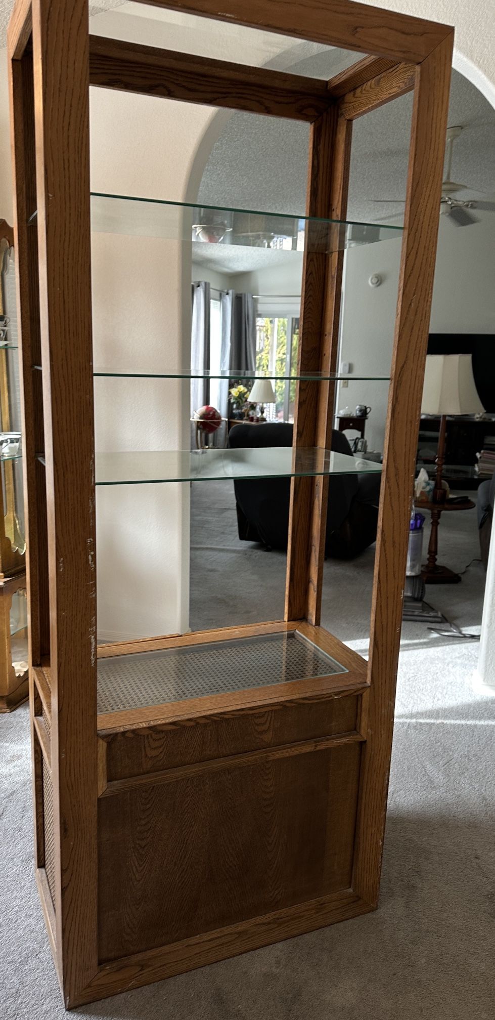 Vintage Oak Cabinet With Glass Shelves