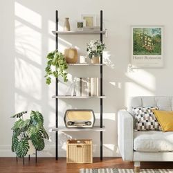 NEW 65" Wall Mounted Ladder Shelf Bookcase, Plant, Flower, Bookshelf, Grey Oak