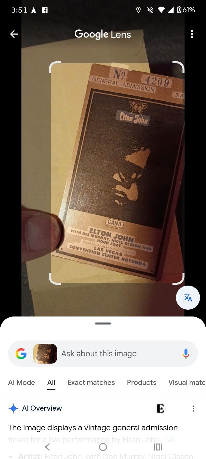 Elton John Original General Admission Ticket Stub