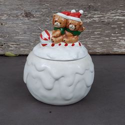 Little Christmas Teddy Bears Cookie Jar Canister Candy Dish