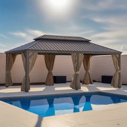 12' x 20' Hardtop Gazebo, Aluminum Metal Gazebo with Galvanized Steel Canopy, Curtain and Netting