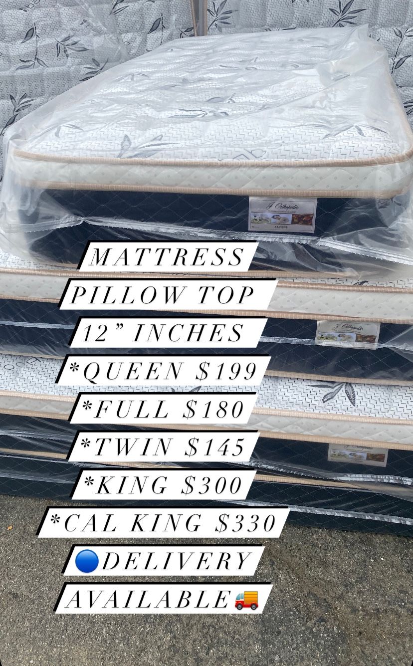 ⭐️Mattress⭐️ 🔹Pillow top All sizes available 🔸12” inches tall 🟡Queen 🟢Full 🔵Twin 🟣King ⚪️Cal King 🛑Delivery available 🚛🧿