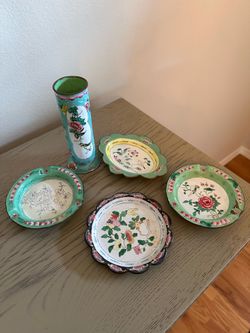 Vintage 5-Piece Chinese Canton Enamel on Copper Set - Hand-Painted Floral & Bird Motif - Vase, Ashtrays & Trinket Dishes