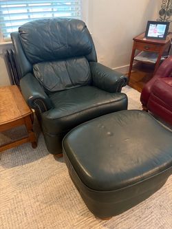 Green leather reclining chair and ottoman