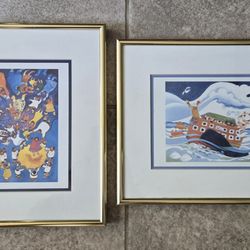 Lot (2) Rie Munoz Framed Matted Prints ARK IN ALASKA & Creation of Man Folk Art